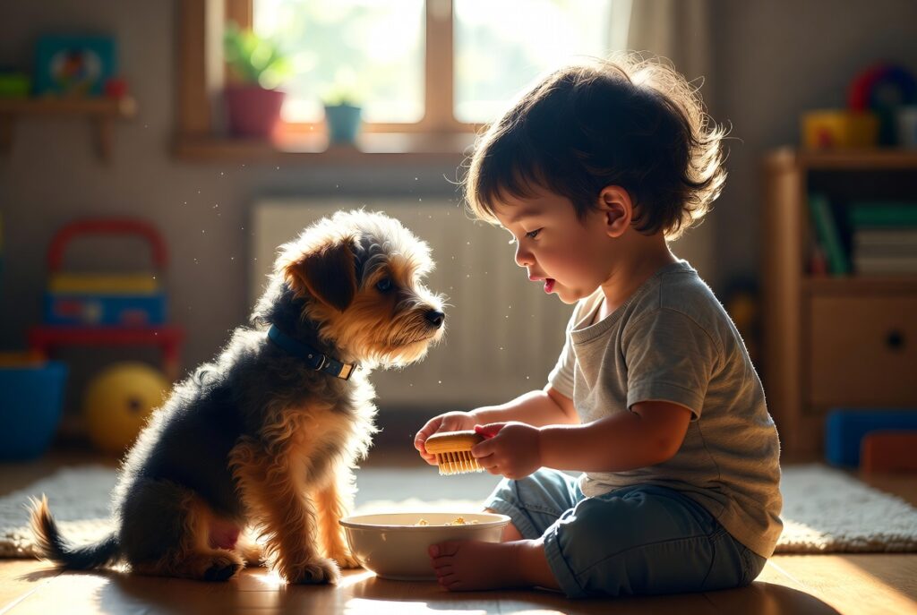 Criança alimentando um cachorrinho em um ambiente iluminado pelo sol.