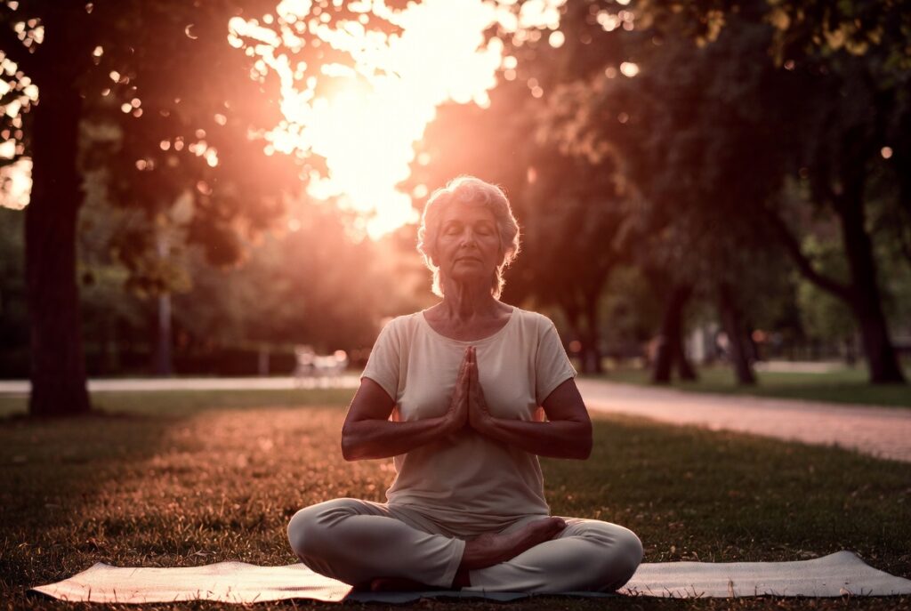 Mulher idosa meditando ao ar livre em posição de lótus durante o pôr do sol — saúde física após os 60